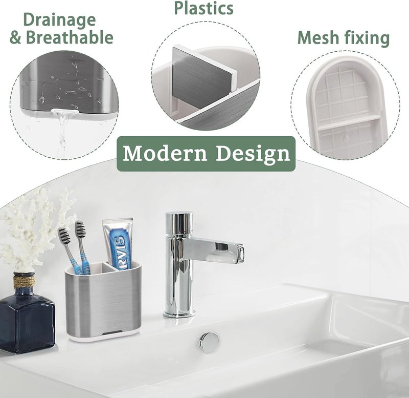 Chintu Toothbrush and Toothpaste Holder with Divider for Bathroom Countertop Organizer, 2 Slots Electric Toothbrush Holders Storage Caddy Drainage for Family, Kids (Brushed Silver) - Image 3